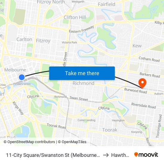11-City Square/Swanston St (Melbourne City) to Hawthorn map