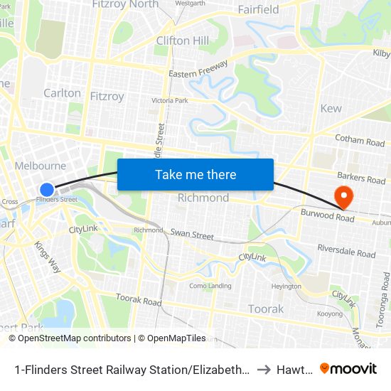 1-Flinders Street Railway Station/Elizabeth St (Melbourne City) to Hawthorn map