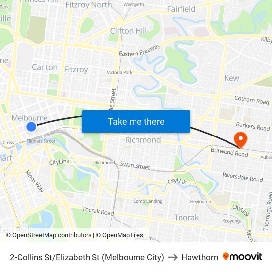 2-Collins St/Elizabeth St (Melbourne City) to Hawthorn map