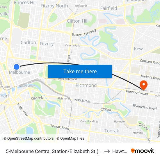 5-Melbourne Central Station/Elizabeth St (Melbourne City) to Hawthorn map