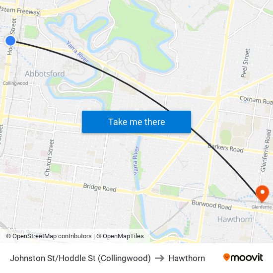 Johnston St/Hoddle St (Collingwood) to Hawthorn map