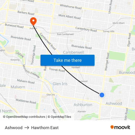 Ashwood to Hawthorn East map