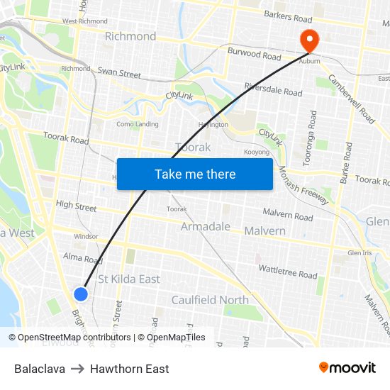 Balaclava to Hawthorn East map