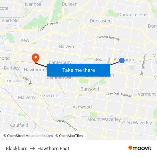 Blackburn to Hawthorn East map