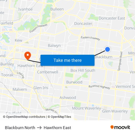 Blackburn North to Hawthorn East map