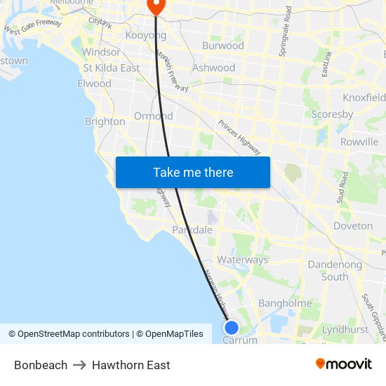 Bonbeach to Hawthorn East map