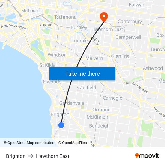 Brighton to Hawthorn East map