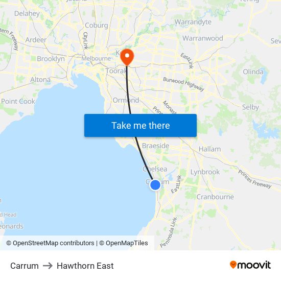 Carrum to Hawthorn East map