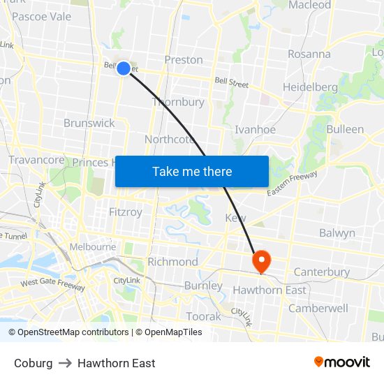 Coburg to Hawthorn East map