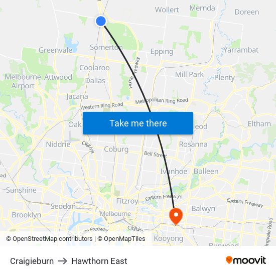 Craigieburn to Hawthorn East map