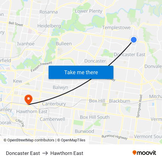 Doncaster East to Hawthorn East map