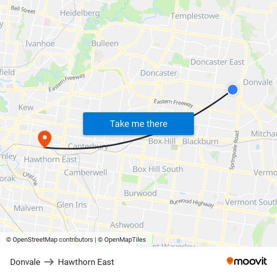 Donvale to Hawthorn East map