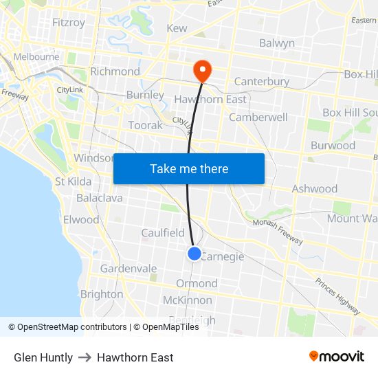 Glen Huntly to Hawthorn East map