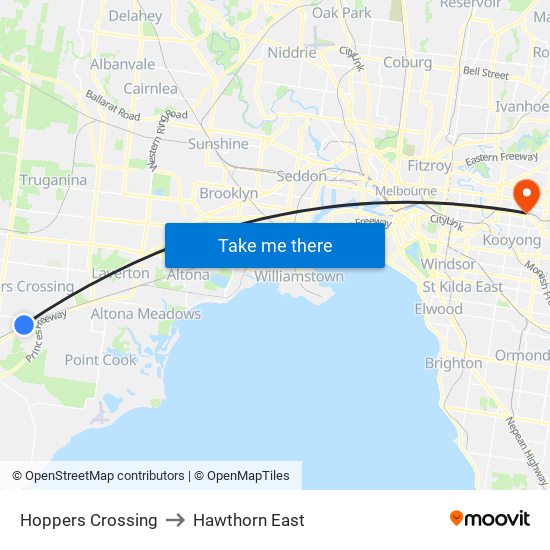 Hoppers Crossing to Hawthorn East map