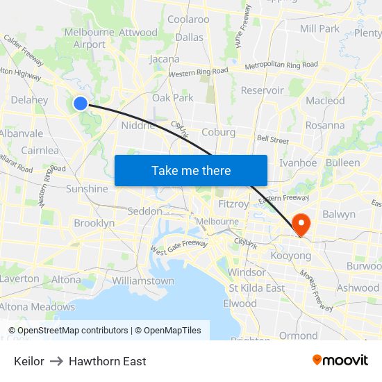 Keilor to Hawthorn East map