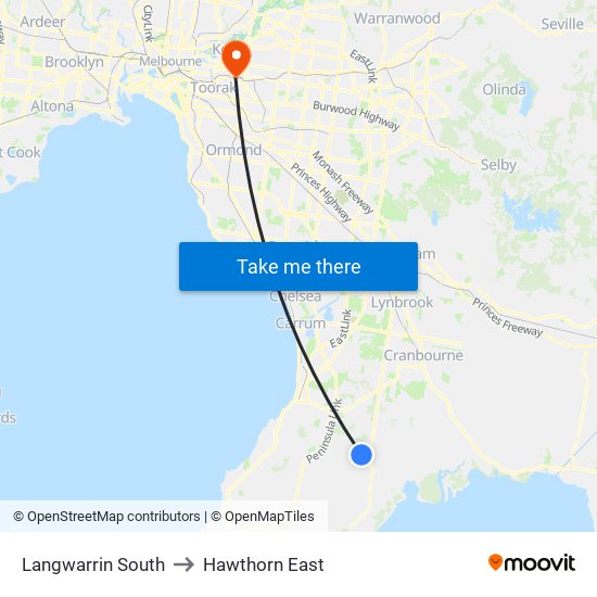 Langwarrin South to Hawthorn East map