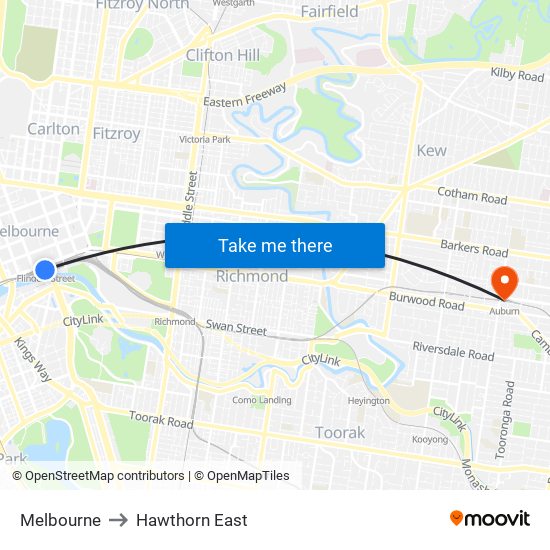 Melbourne to Hawthorn East map