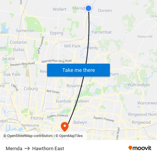 Mernda to Hawthorn East map