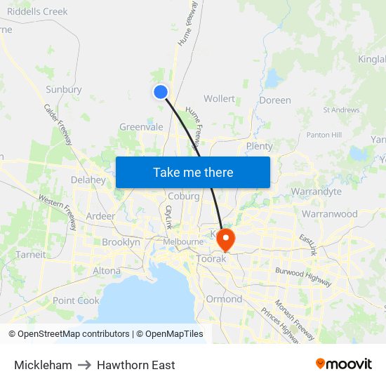 Mickleham to Hawthorn East map