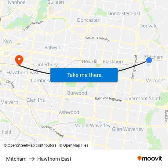 Mitcham to Hawthorn East map