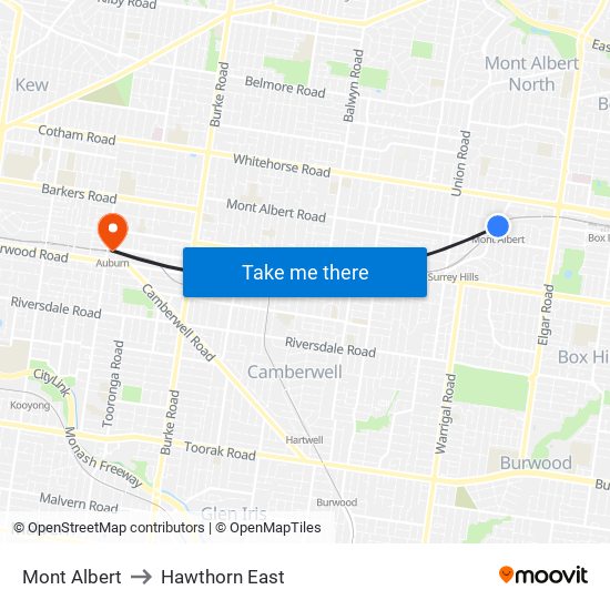 Mont Albert to Hawthorn East map