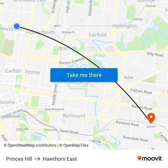 Princes Hill to Hawthorn East map