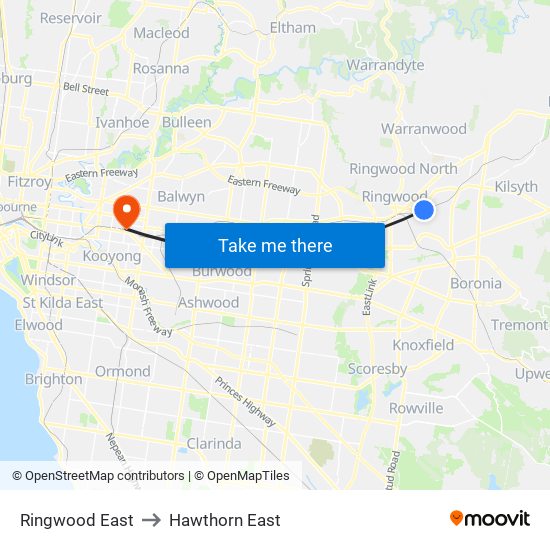 Ringwood East to Hawthorn East map