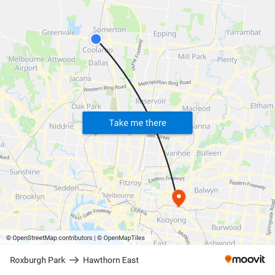 Roxburgh Park to Hawthorn East map