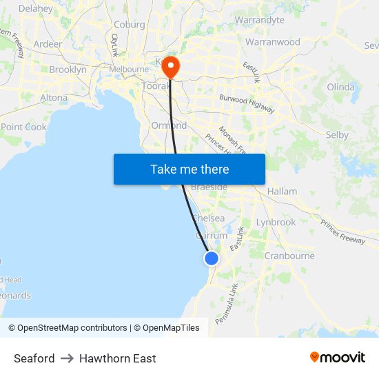 Seaford to Hawthorn East map