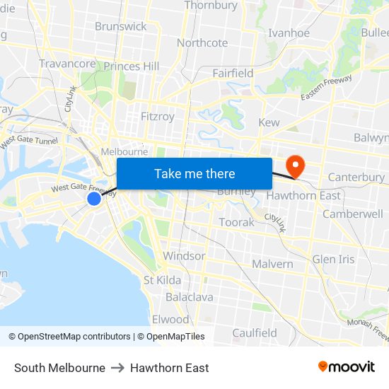 South Melbourne to Hawthorn East map