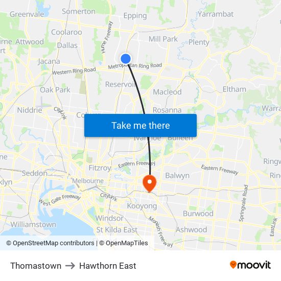 Thomastown to Hawthorn East map