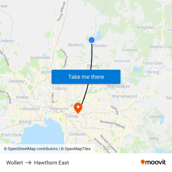 Wollert to Hawthorn East map