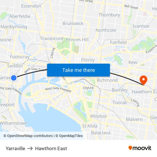 Yarraville to Hawthorn East map