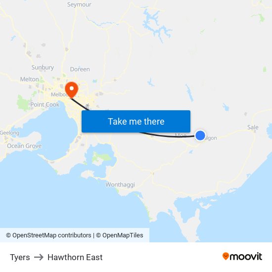 Tyers to Hawthorn East map
