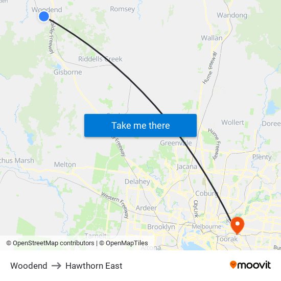 Woodend to Hawthorn East map