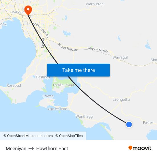 Meeniyan to Hawthorn East map