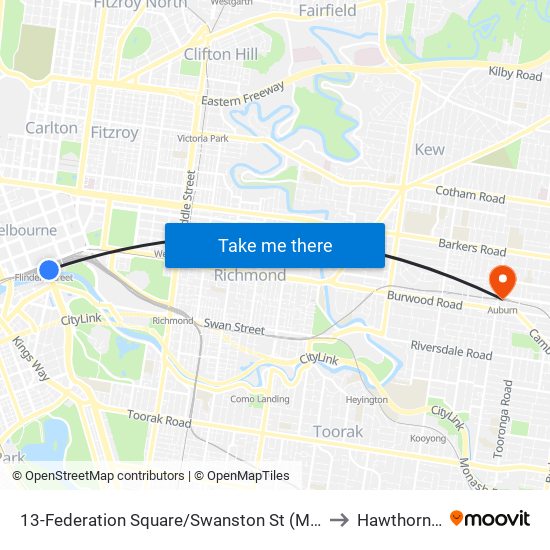 13-Federation Square/Swanston St (Melbourne City) to Hawthorn East map