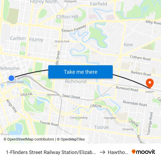 1-Flinders Street Railway Station/Elizabeth St (Melbourne City) to Hawthorn East map
