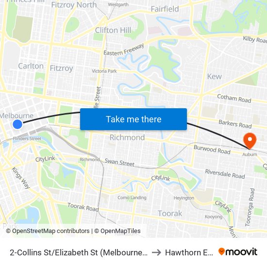 2-Collins St/Elizabeth St (Melbourne City) to Hawthorn East map