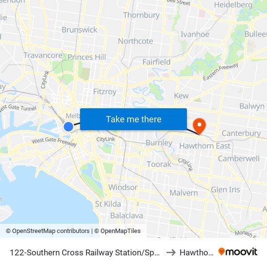 122-Southern Cross Railway Station/Spencer St (Melbourne City) to Hawthorn East map