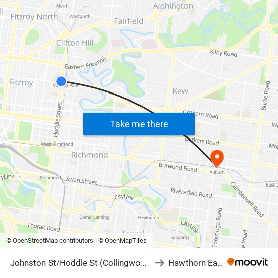 Johnston St/Hoddle St (Collingwood) to Hawthorn East map