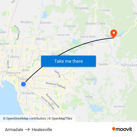 Armadale to Healesville map