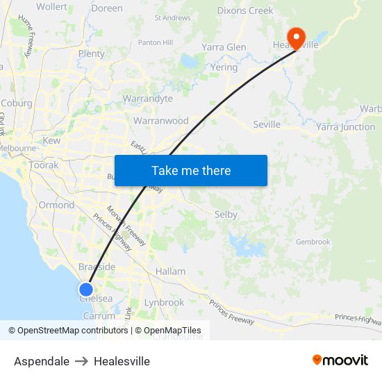 Aspendale to Healesville map
