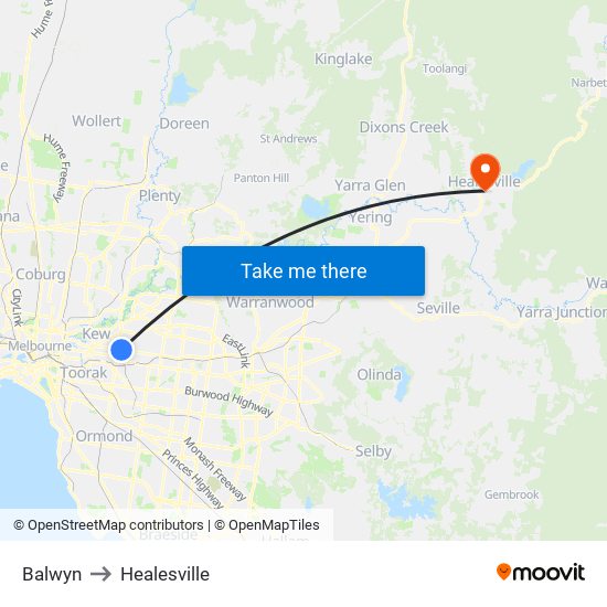 Balwyn to Healesville map