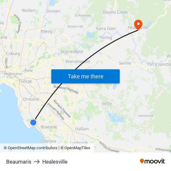 Beaumaris to Healesville map