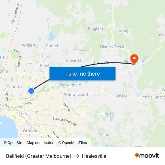 Bellfield (Greater Melbourne) to Healesville map