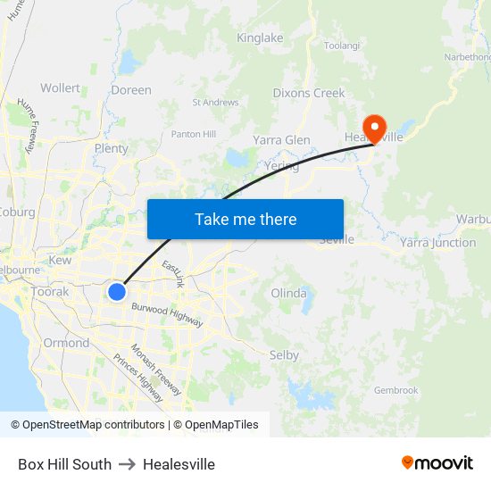 Box Hill South to Healesville map