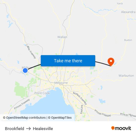 Brookfield to Healesville map