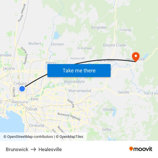 Brunswick to Healesville map