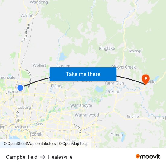 Campbellfield to Healesville map